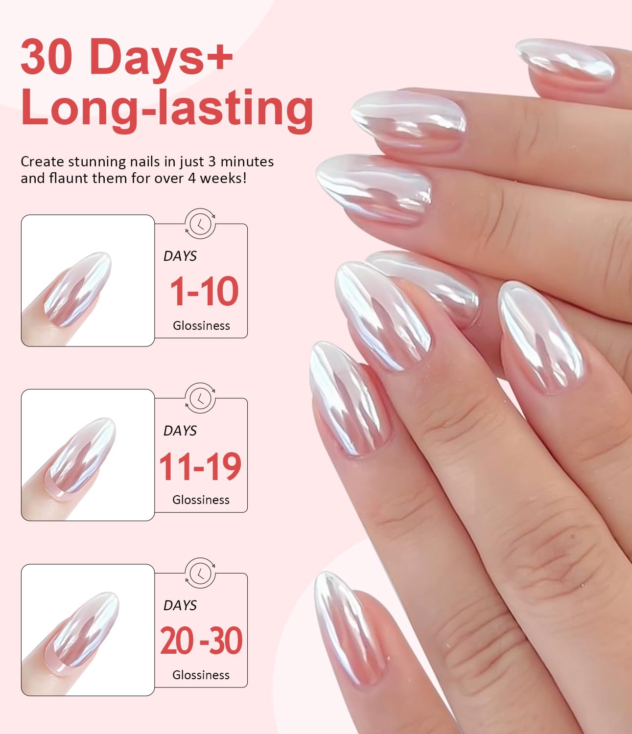 Pearl Chrome Nail Powder BISHENGYF -【Fairy Effect】 Pink Chrome Nail Powder White Pearlesent Aurora Mermaid Iridescent Nail Chrome Powder, Metallic Mirror Glitter Pigment Dust for Nail Art DIY 2PCS