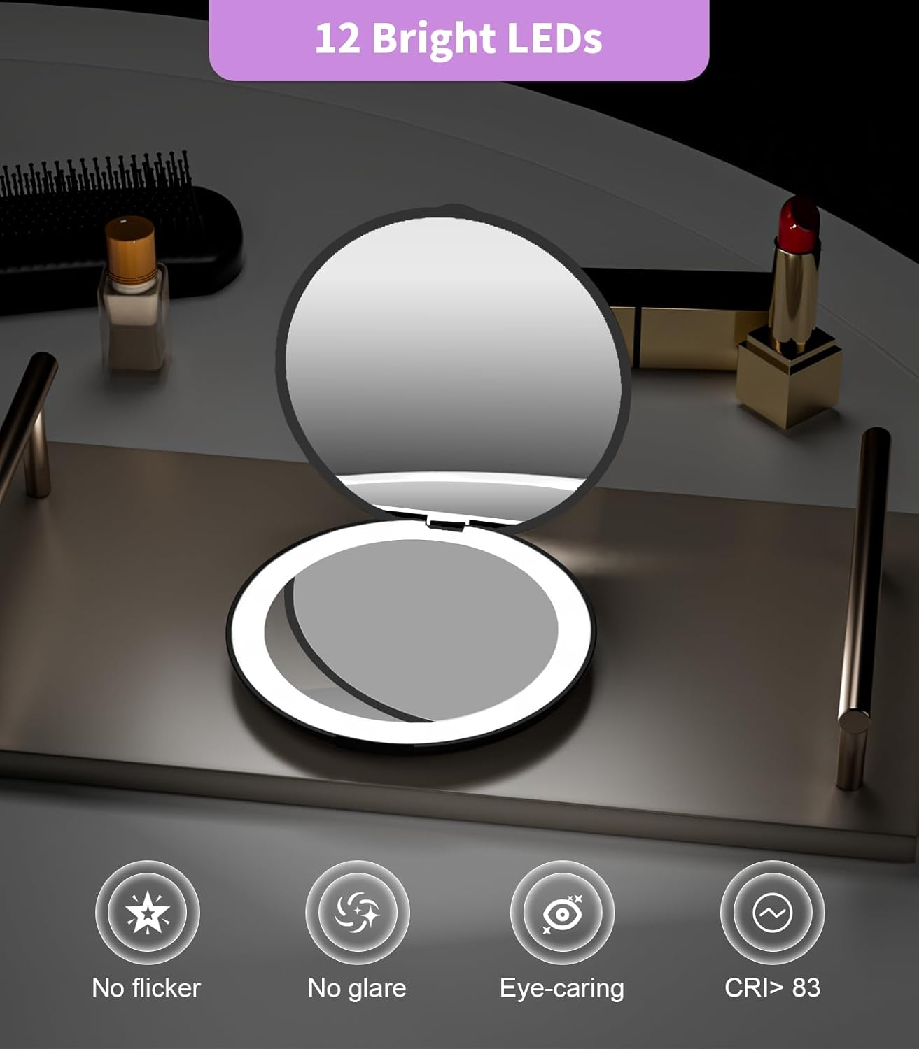 WOBSION Travel Compact Mirror,Portable 1x/10x LED Makeup Mirror with Magnification,Handheld 2-Sided Pocket Mirror, 3.5in Small Mirror for Purse,Handbag,Gift,Cyan&Black,2 Pack