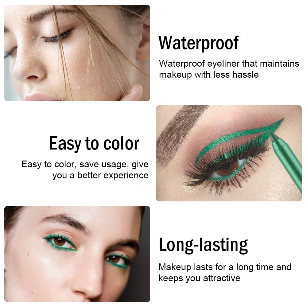 evpct Green Glitter Eyeliner Pencil for Eyes, Forest Green Metallic Shimmer Eye Liner Pencil Makeup Waterproof Smudge Proof, Colored Gel Waterline Eyeliner Face Eye Paint Stick Halloween Makeup 12