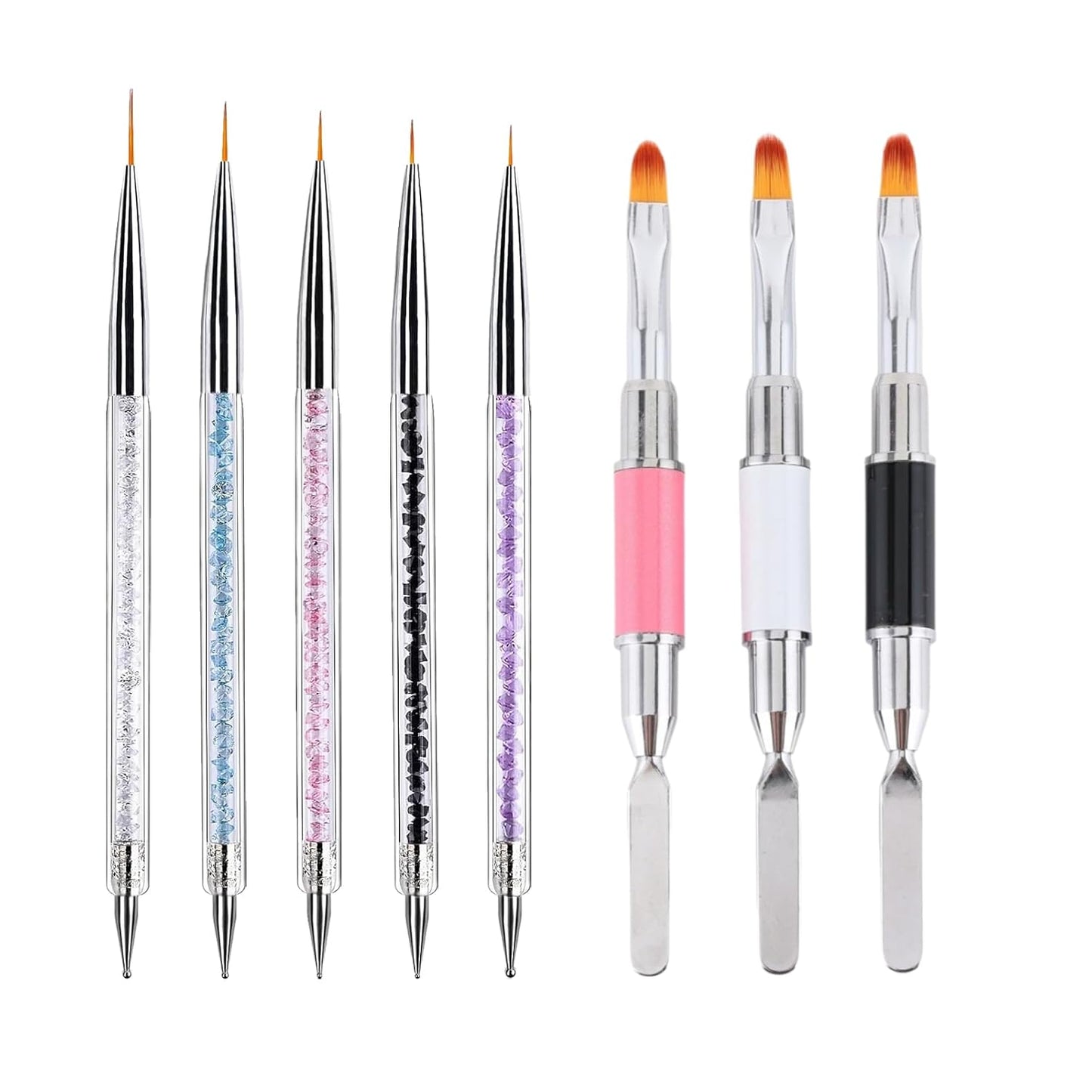 Nail Art Brushes, 8Pcs Double-Ended Acrylic Nail Brush Set & Picker Brush Tool for Nail Art with PolyGel Gel Acrylic Nails Extension Fine Liner Brushes and Dotting Pen (5,7,9,11,13 mm)