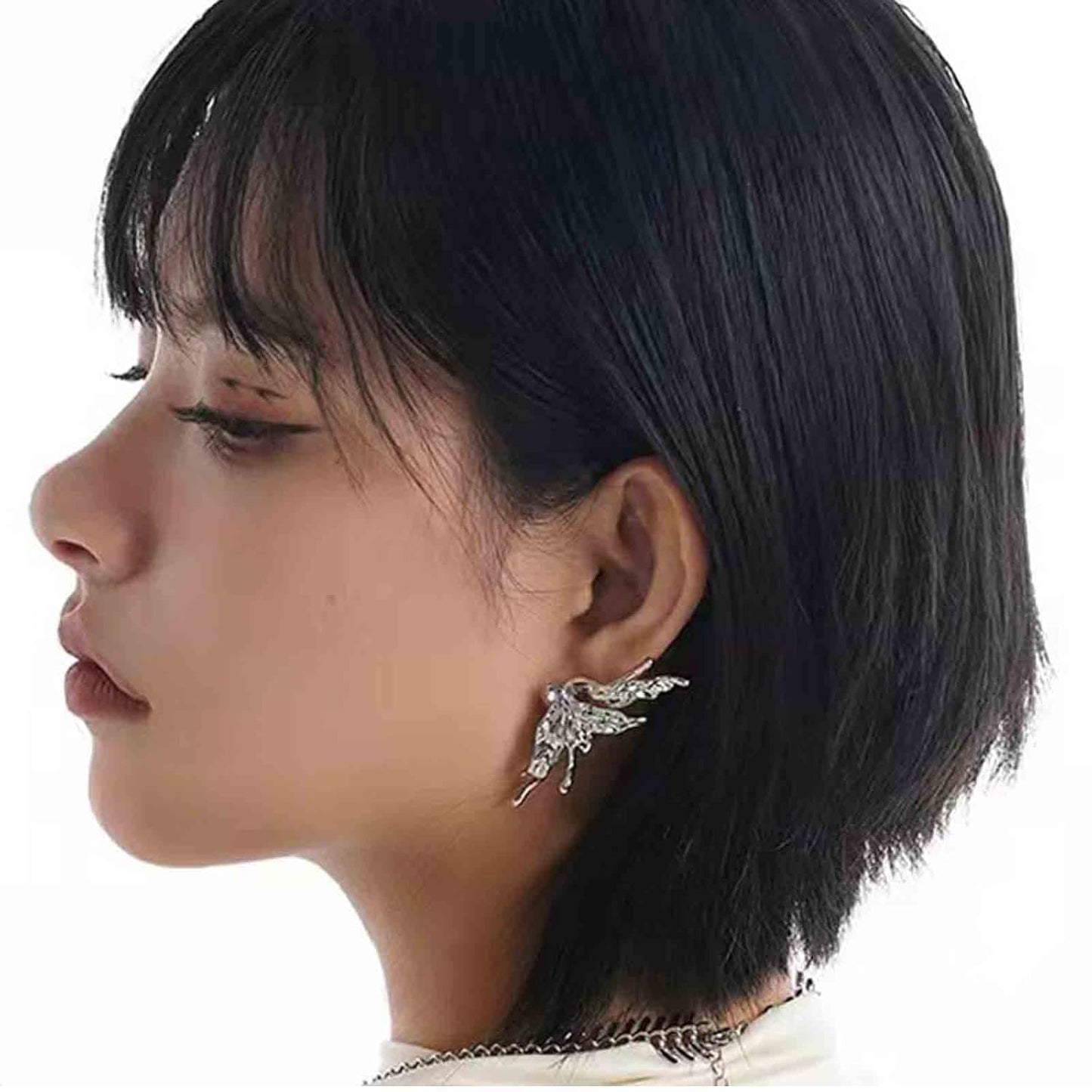 Punk Butterfly Wing Earrings Rhinestone Wing Studs Earrings Silver Half Wing Earrings Cool Mismatch Animal Earrings Jewelry for Women and Girls