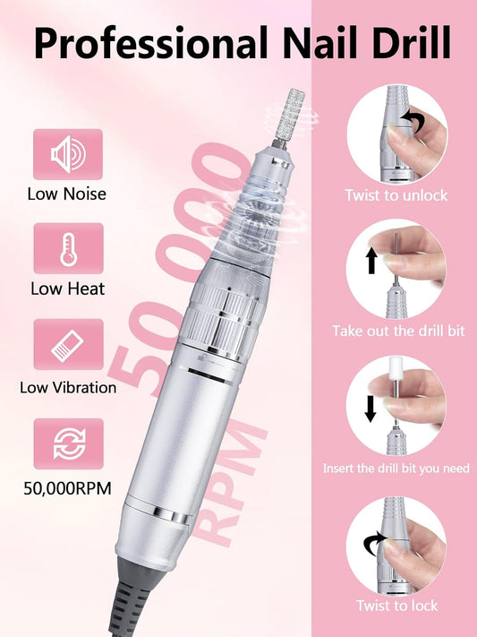 Nail Drill, Portable Electric Nail File 50000RPM, Rechargeable Nail Drill Professional with Bits for Acrylic Gel Nails, E-File Machine Manicure Polishing for Salon Home, Purple