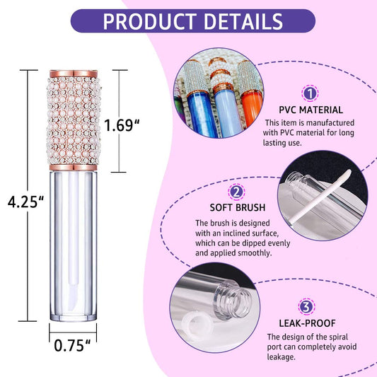 AMORIX 72pcs 5ml Diamond Lip Gloss Tubes With Wand - Empty Rhinestone Containers, Crystal Bottles, Supplies Kit - 4 Syringes + Labels for DIY Base