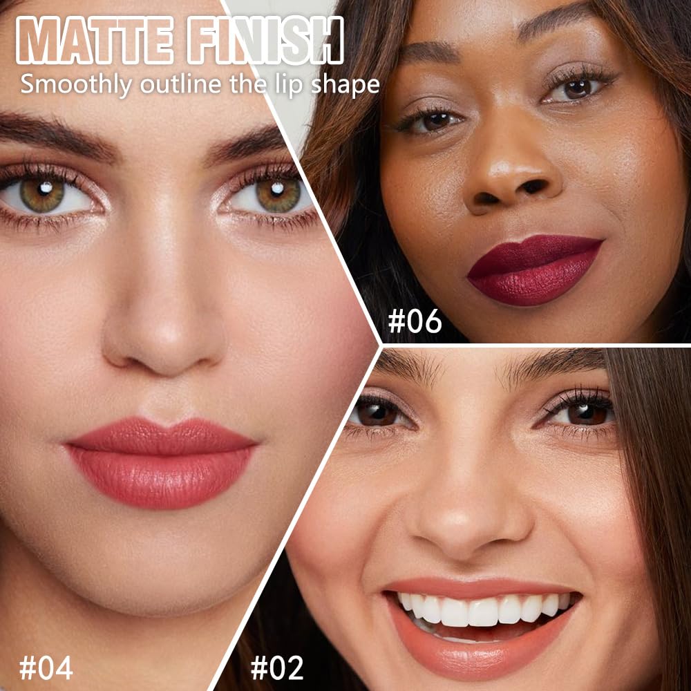 3Pcs Matte Lipstick Crayon Set for Women, 24 Hour Lipstick Lip Liner Pencil, Neutral Lip Stick Lipliner Long Lasting Waterproof Smudge Proof, Vegan & Cruelty-Free, 02+04+06