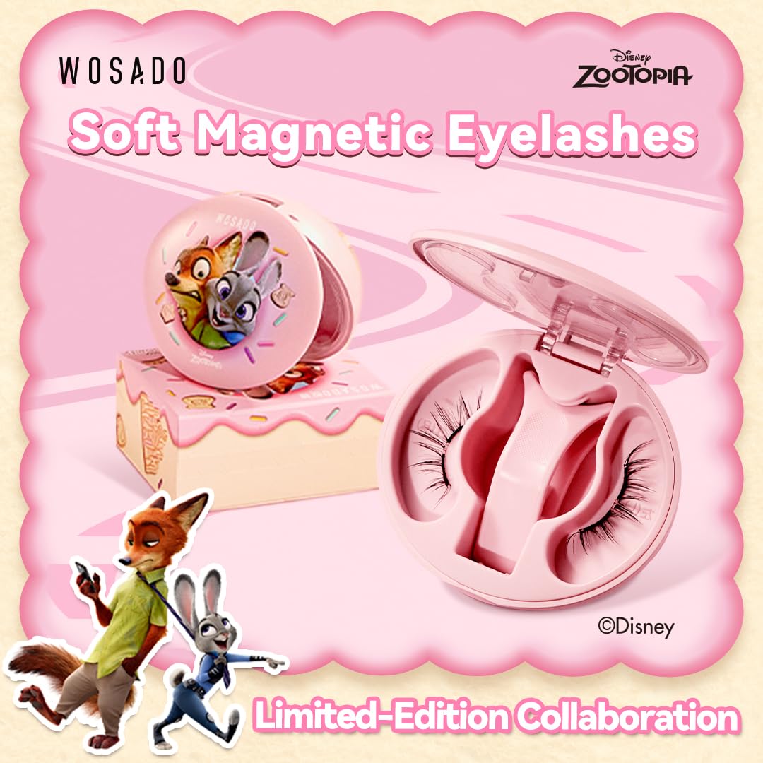 WOSADO×Disney Soft Magnetic Eyelashes Kit with Applicator, No.18 Velvet Black Reusable Glue-free Wispy Magnetic Lashes, Cruelty-free False Lashes, Waterproof, Lightweight, Suit for Heavy Makeup