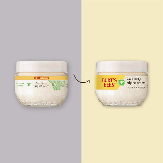 Burt's Bees Back To School Dorm Essentials, Calming Night Cream, With Aloe and Rice Milk, Face Moisturizer For Sensitive Skin, 98.8 Percent Natural Origin, 1.8 oz. Tub
