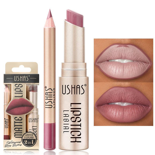 USHAS 2 in 1 Waterproof Lipstick Combo Set - Long Lasting Matte Lipstick Pen with Lip Liner - Makeup Kit (G5, Pack of 1)