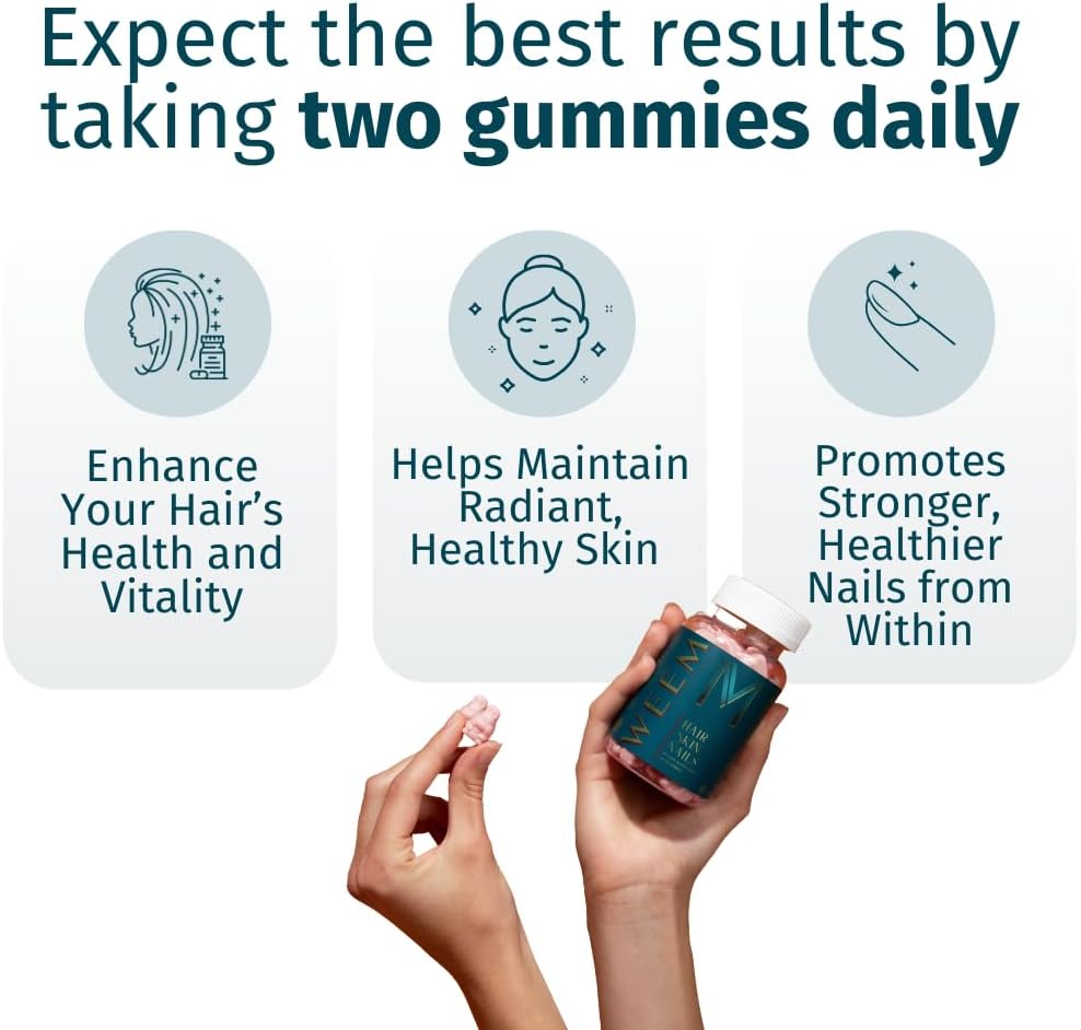 WEEM Hair Skin and Nails Gummies - Supports Healthy Hair - Vegan biotin Vitamins for Women & Men Supports Faster Hair Growth, Stronger Nails, Healthy Skin, Extra Strength (3)