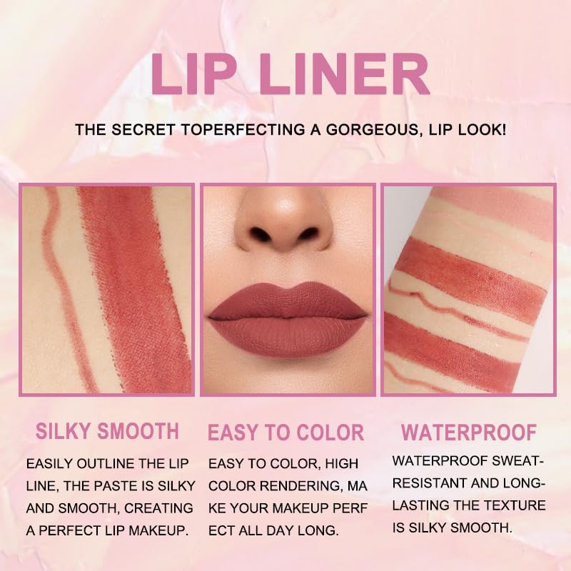 evpct 3Pcs Nude Beige Light Brown Rose Gold Lip Liner and Lipstick Set for Women Matte 24 Hour Lipstick Pen and with Lip Liner Pencil Set Long Lasting 24 labial labiales mate 24 horas originales