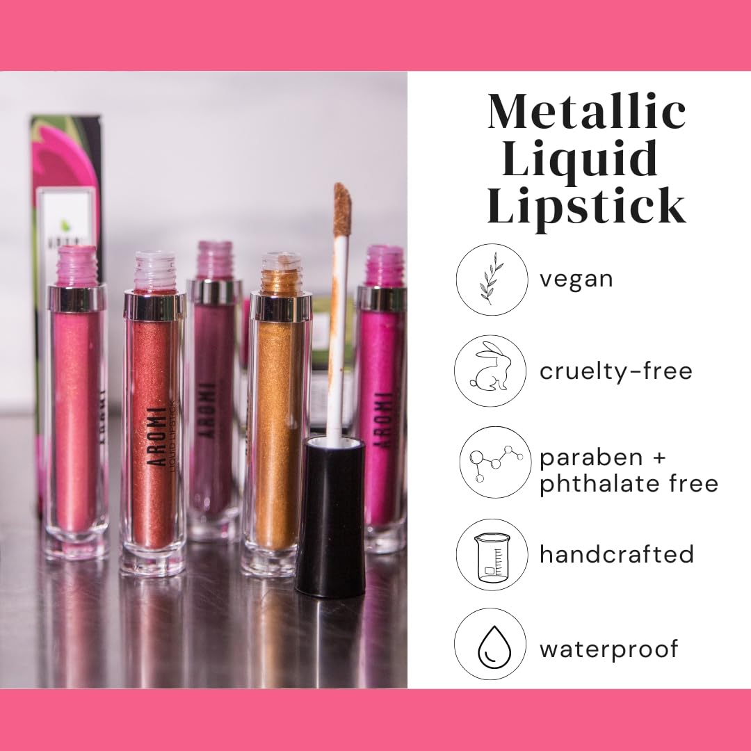 Aromi Metallic Liquid Lipstick | Peachy Pink, Coral Lip Color with Shimmery Finish, Long-lasting, Vegan, Cruelty-free, Smudge Proof, Gluten Free (Rose Gold)