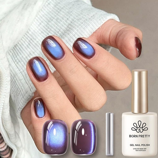 BORN PRETTY Cat Magnetic Eye Gel Nail Polish,Indigo Eggplant Glitter Cat Magnetic Gel Nail Polish Magnetic Nail Polish for Nail Art Manicure Salon DIY at Home 15ML