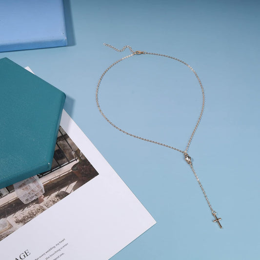 Boho Cross Y Necklace Gold Chain Lariat Rhinestone Drop Cross Pendant Wedding Necklace Charm Fashion Jewelry Gift for Women and Girls