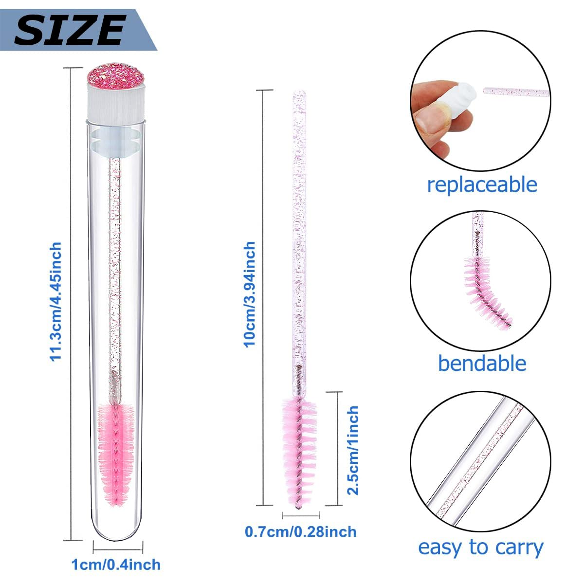 Mascara Wand Brushes Tubes Set-70 Pieces Disposable Eyelash Brushes Replacement with 20 Pieces Empty Container Tubes for Eyelash Extension Lash (Pink Diamond)