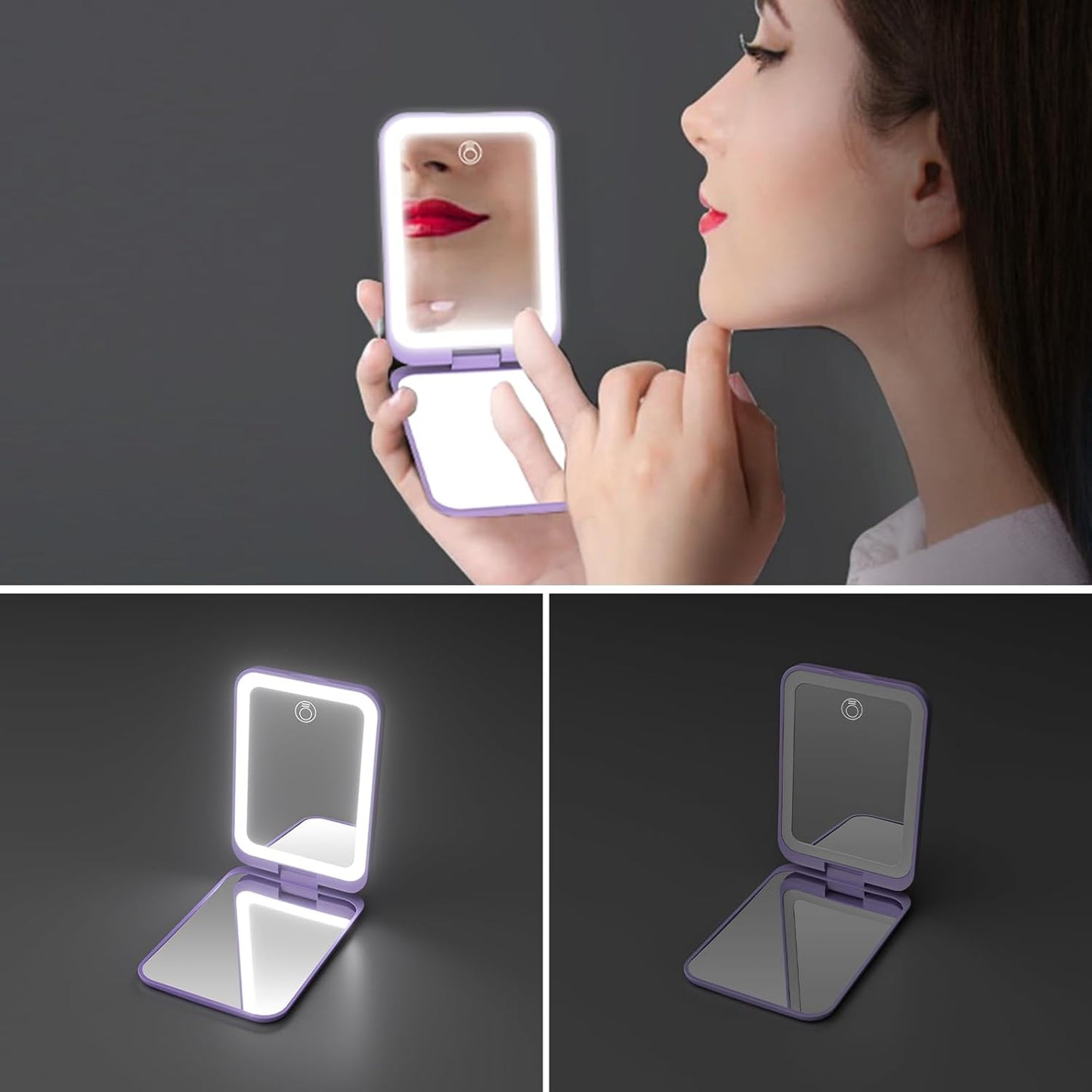 Kintion 2025 Pocket Mirror, Rechargeable Dimmable 3 Color Lighting 1X/3X LED Compact Travel Makeup Mirror for Purse, Portable, Folding, Handheld, Small Lighted Mirror for Women Gift, Purple
