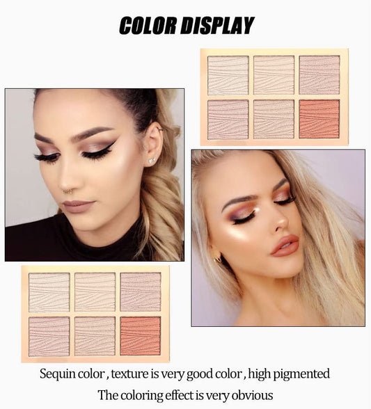 6 Colors Highlighter Makeup Face Palette, Shiny Glow Highlighter Shimmer Metallic Palette Professional Face Contouring Blemish Pallet, Natural Shiny Makeup Face Glitter Blush Cheeks Pallet Contour Illuminator Makeup Highlight Powder for Women