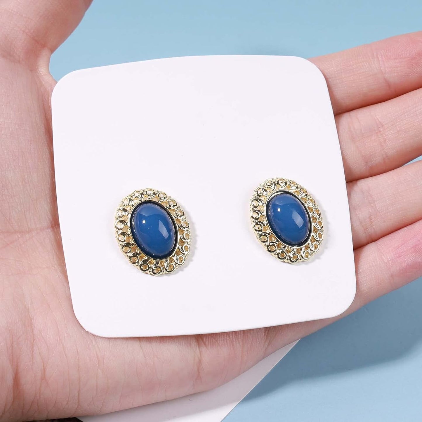 Vintage Oval Blue Gem Earrings Blue Lapis Earrings Antique Halo Oval Earrings Custom Oval Studs Earrings Jewelry for Women and Girls Gifts