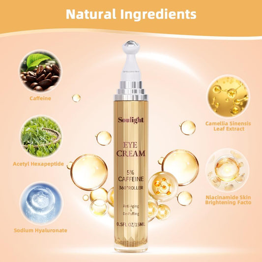 5% Caffeine Eye Serum Anti Aging, Eye Cream Reduce Dark Circles, Puffiness, Fine Lines, Wrinkles, Hyaluronic Acid Niacinamide Eye Moisturizer with 360° Massage Ball, Eye Balm for Men& Women