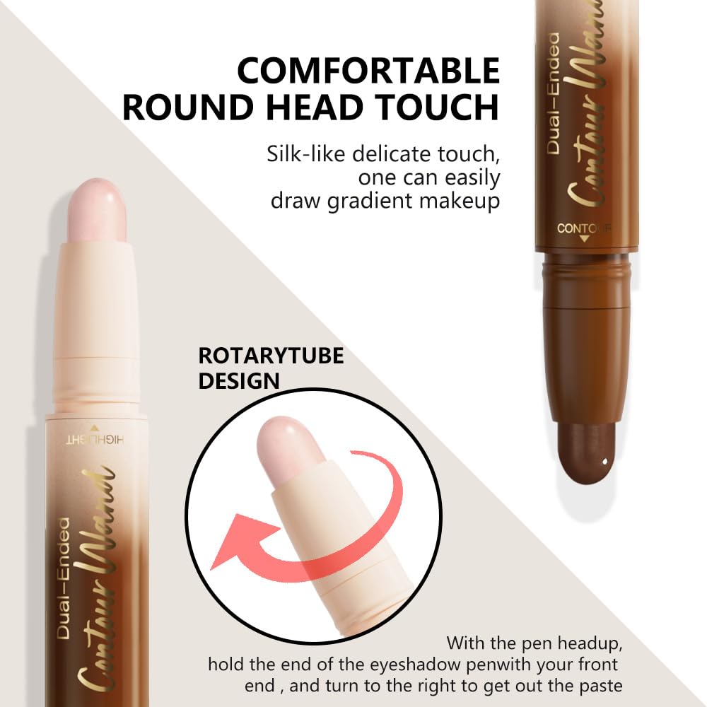 Dual-Ended 2-in-1 Cream Contour & Highlighter Stick – Waterproof, Long-Lasting for Face & Body Makeup, Suitable for All Skin Tones, 03#Darker Nude + Light Pink