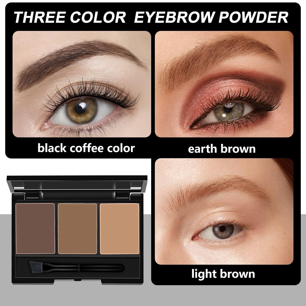 Brow Powder Kit – Long-Lasting 3-Color Brow Filler for Full, Defined Natural Brows, Contour Palette with Double-Ended Brush, sombra para cejas (01)