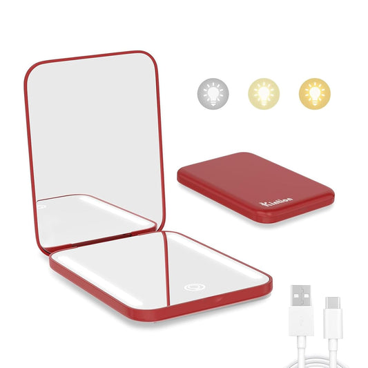 Kintion Rechargeable Pocket Mirror, Double Sided 1X/3X Magnification Compact Vanity Mirror, 3 Color Lights, Dimmable, Small Portable Wallet Mirror, Lighted Travel Mirror for Women Gifts, Wine Red