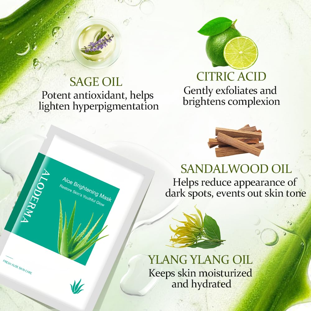 Aloderma Brightening Sheet Masks with 88% Organic Aloe Vera - 5 Pack Facial Masks with Niacinamide, Arginine for Radiant Skin - Evens Skin Tone & Revitalizes Rough, Dull Skin - Aloe Face Mask Sheet
