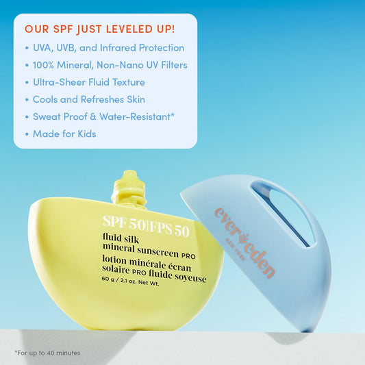 Evereden SPF50 Fluid Silk Mineral Kids Sunscreen: Clean Cooling Non-Nano UVA, UVB, & IR Protection for Sensitive Skin - Sheer, Lightweight, & Waterproof for Up to 40 Mins - Beach Day Toddler Sunscreen