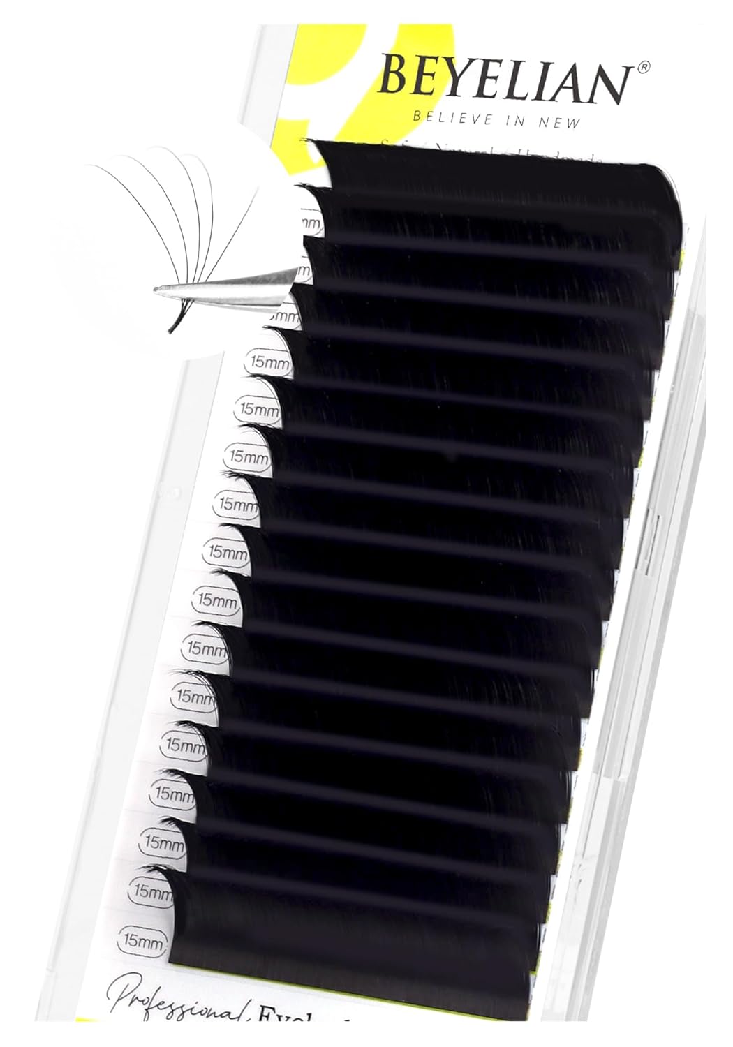 BEYELIAN Eyelash Extension 0.05 D+ Curl 15mm Tray Easy Fan Lash Extensions Volume Lashes 100°/212°F High Temperature Resistant Classic Professional Use Natural Matte Black (0.05 D+ 15mm)