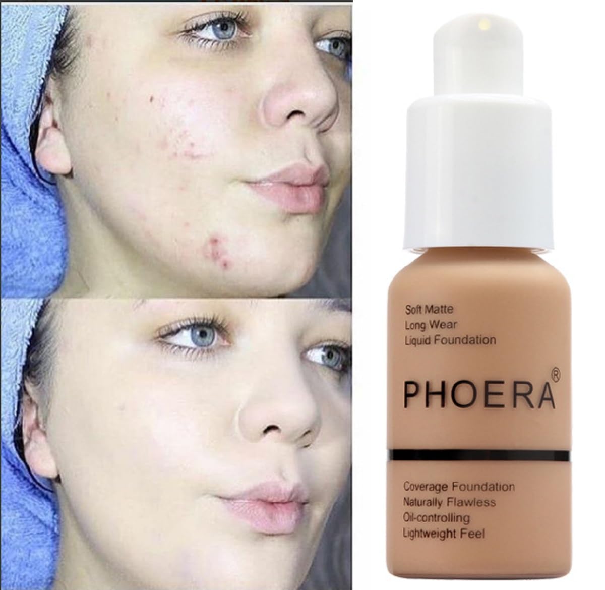 PHOERA Foundation, Flawless Soft Matte Liquid Foundation 24 HR Oil Control Concealer Foundation Makeup. (1 Pcs-102- Nude)