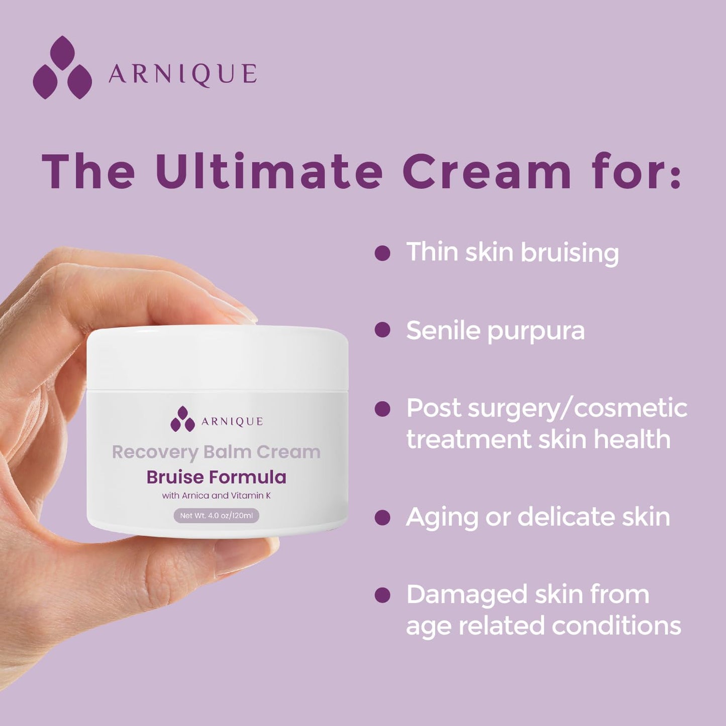 Arnica Bruise Cream with Vitamin K, Extra Strength Fast Healing Thin Skin Formula, Senile Purpura or Redness, Visibly Aide Remove Bruises Elderly and Fragile Skin, Surgery Aftercare