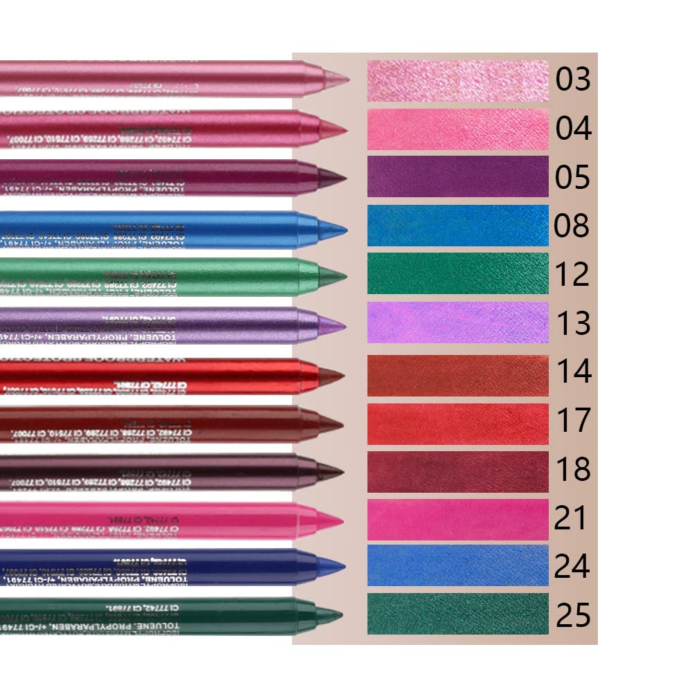 evpct 12Pcs Pink Rose Red Orange Purple Black Silver Blue Red Brown Colored Glitter Eyeliner Eye Liner Pencils Makeup Set for Women Waterproof lapiz delineadores de colores para ojos contra el agua