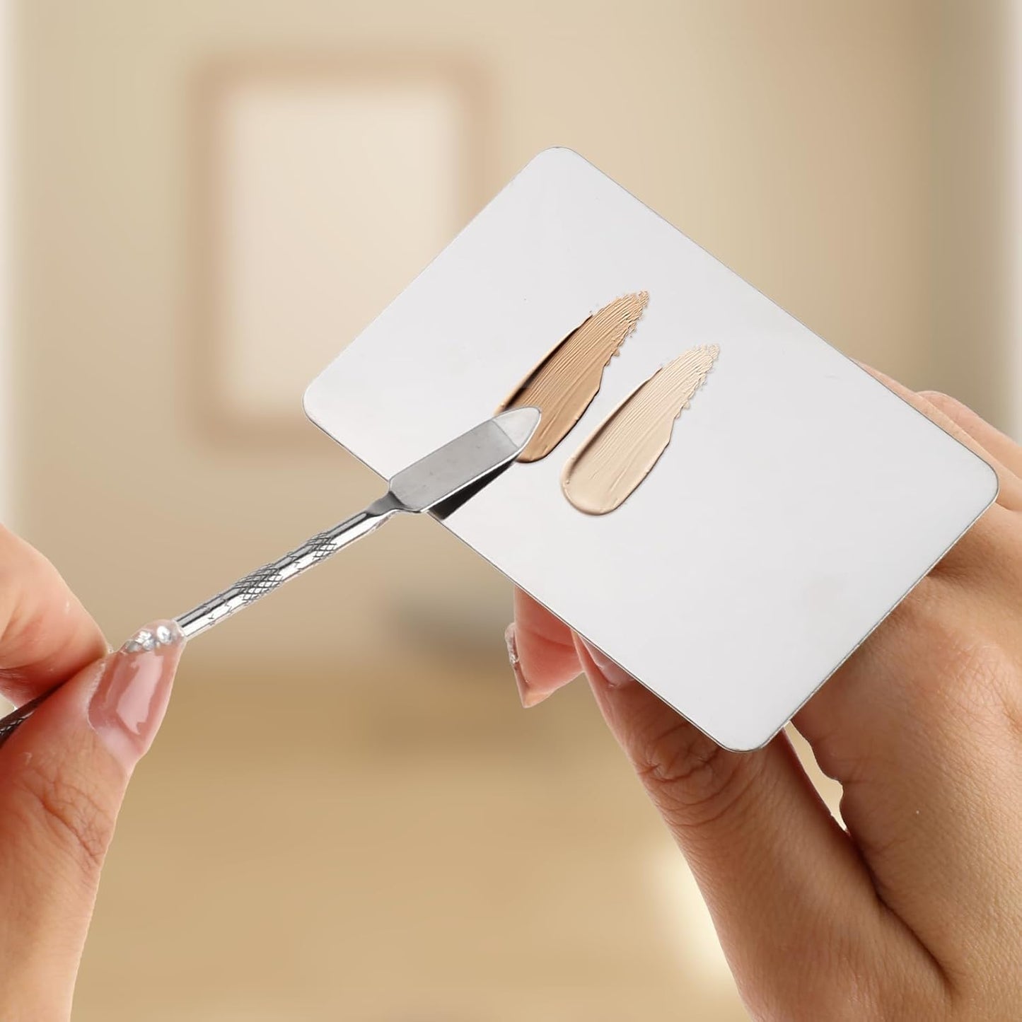 2 Pcs Stainless Steel Makeup Palette Makeup Spatula Palette with Foundation Spatula Professional Cosmetic Palette for Mixing Foundation Eye Shadow Nail DIY Art