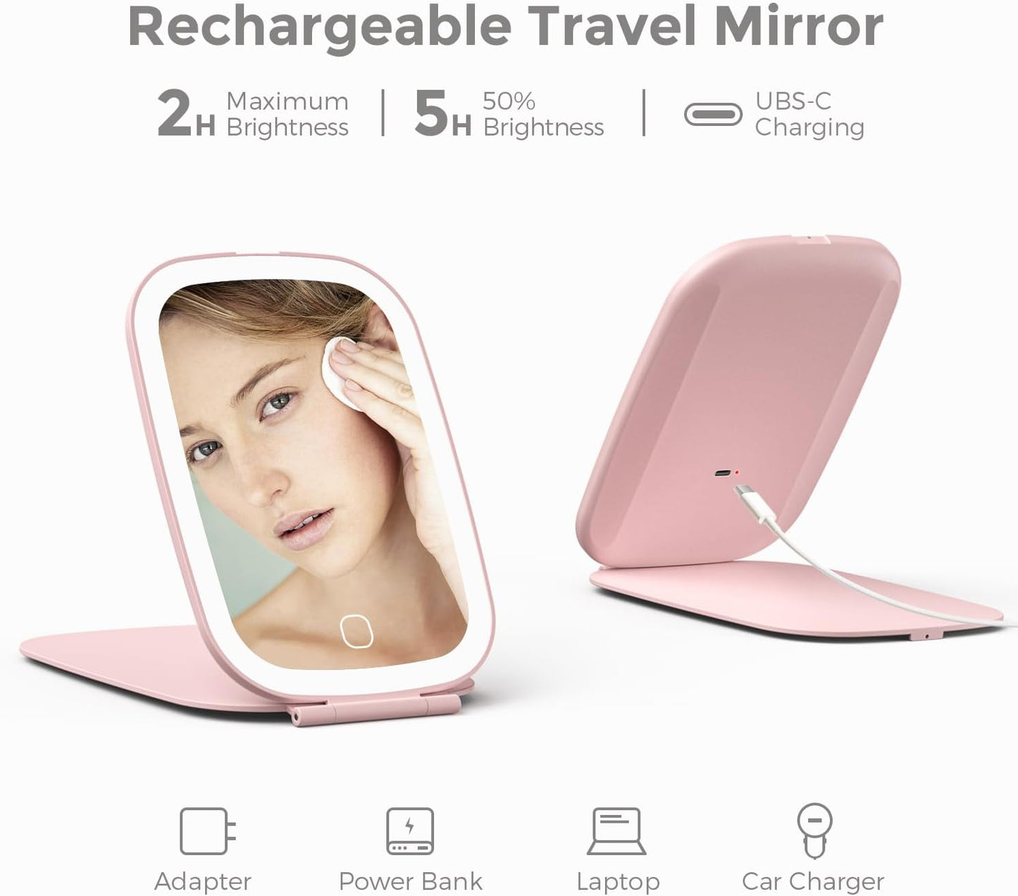 Travel Mirror with Light, Rechargeable Foldable Portable Mirror, 3 Color Lighting, 7.5 inch, Pink