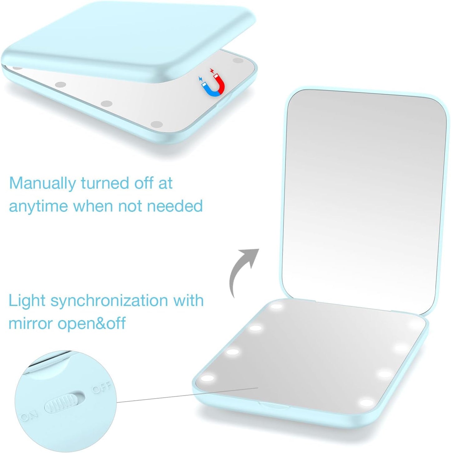 WOBSION Small Mirror with Lights,LED Compact Makeup Mirror,1x/3x Mini Travel Mirror with Magnification,Portable for Purse,Pocket,Gifts for Girls,Blue