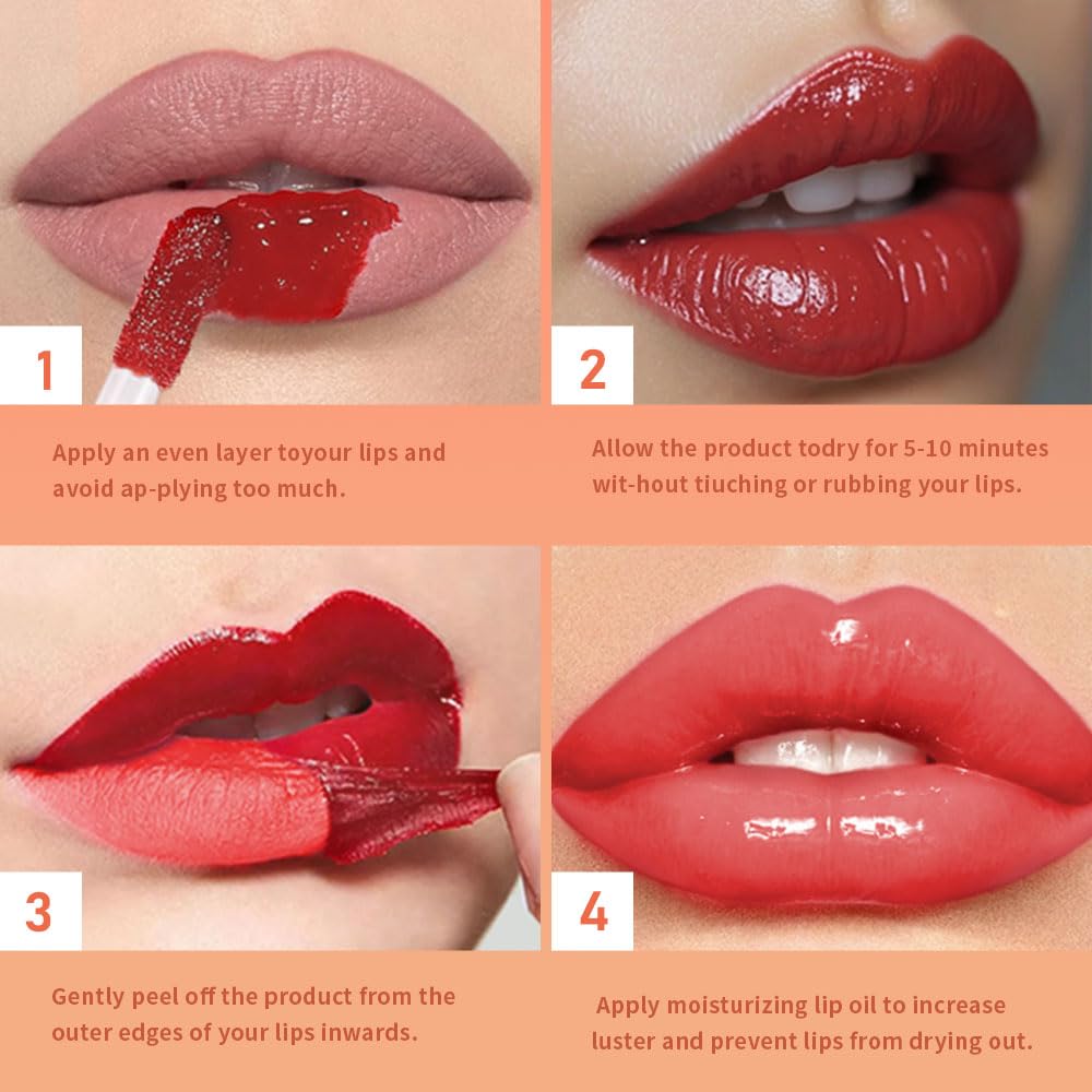 Vibrant Red Coral Peel Off Lip Gloss Masque,Lip Stain Peel Off Tattoo-Peel Off Lip TintandLip Oil 2-in-1Long Lasting Waterproof Transfer-proof Lip Mask Lip Gloss Peel Off Lip Liner,for All SkinType04#