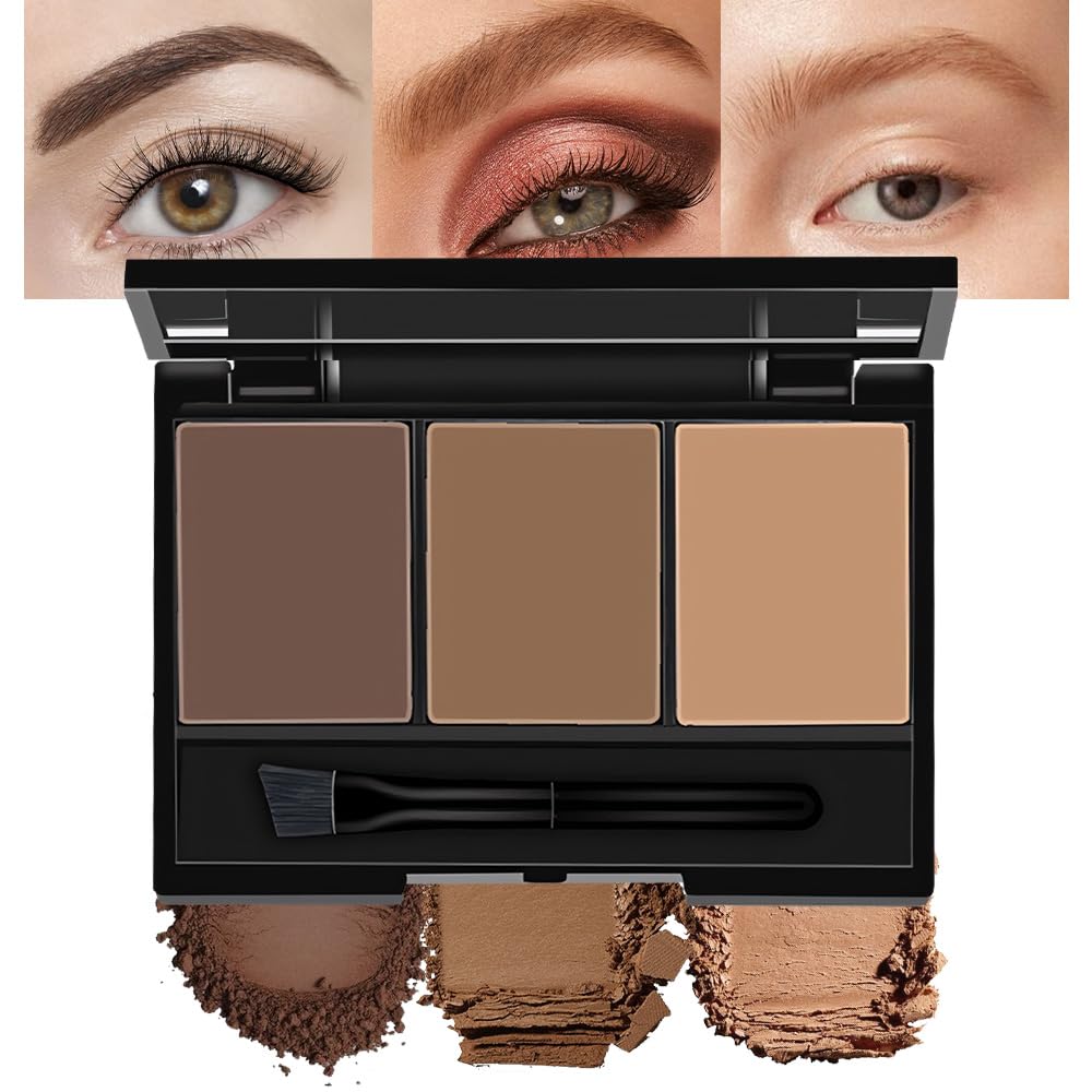 Brow Powder Kit – Long-Lasting 3-Color Brow Filler for Full, Defined Natural Brows, Contour Palette with Double-Ended Brush, sombra para cejas (01)