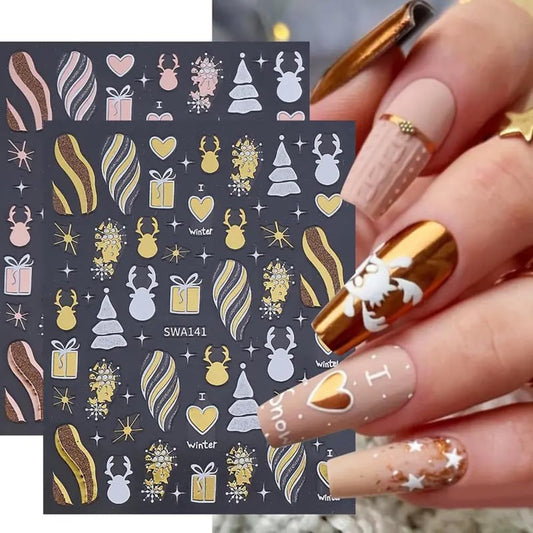 2PCS Christmas Nail Art Stickers, Winter Snowflake Reindeer Nail Stickers Christmas Gift Heart Pattern Self-Adhesive Nail Decals, DIY Nails Art Decoration, Festive Nails Supplies, Xmas Nails Charms