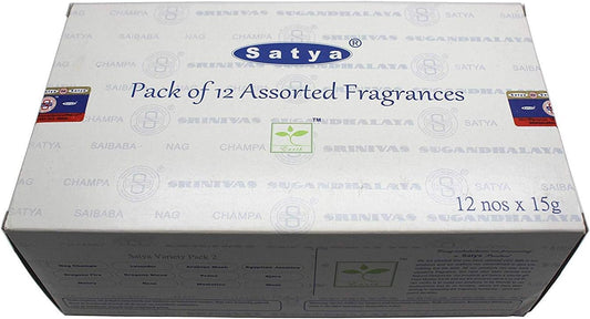 Set of 12 Nag Champa, Lavender, Arabian Musk, Egytian Jasmine, Musk, Dragon's Fire, Dragon's Blood, Prana, Ajaro, Money, Rose, Meditation by Satya Incense Bangalore (BNG)