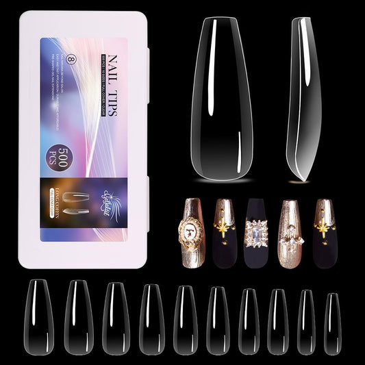 Long Coffin Nail Tips 500PCS, Clear Acrylic Full Cover Gel Press on Nail Tips for DIY Salon, 10 Sizes Pre-Shaped False Nails with Glossy Finish, Professional Manicure Kit & Easy Application