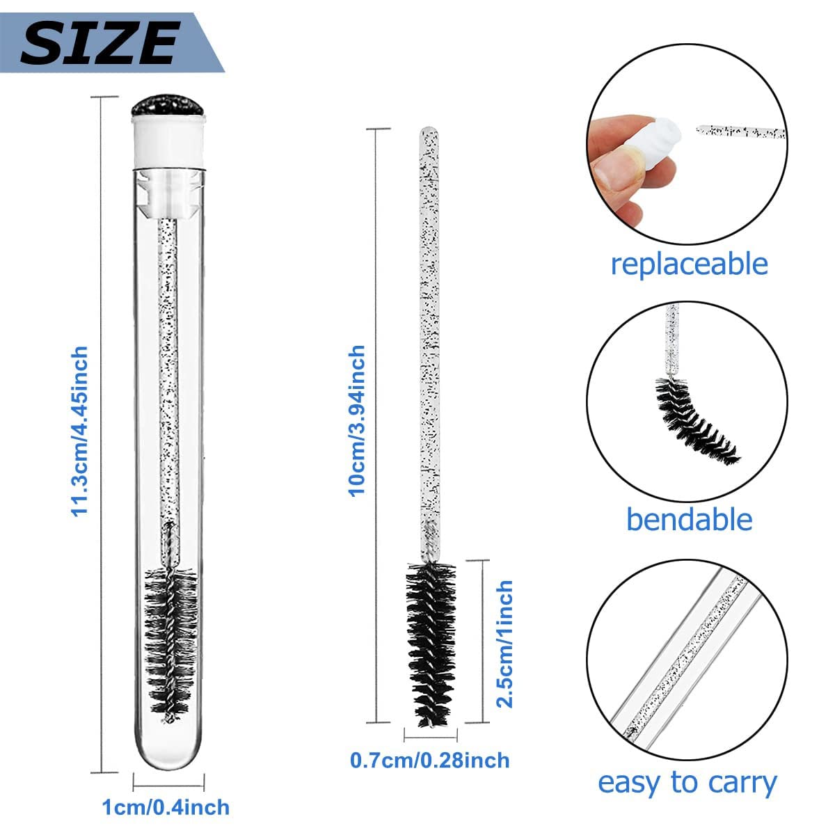 Mascara Brushes Tubes Set 70 Pieces Disposable Eyelash Brushes Replacement with 20 Pieces Empty Tubes for Eyelash Extension Lash Mascara Wand (Black Diamond)