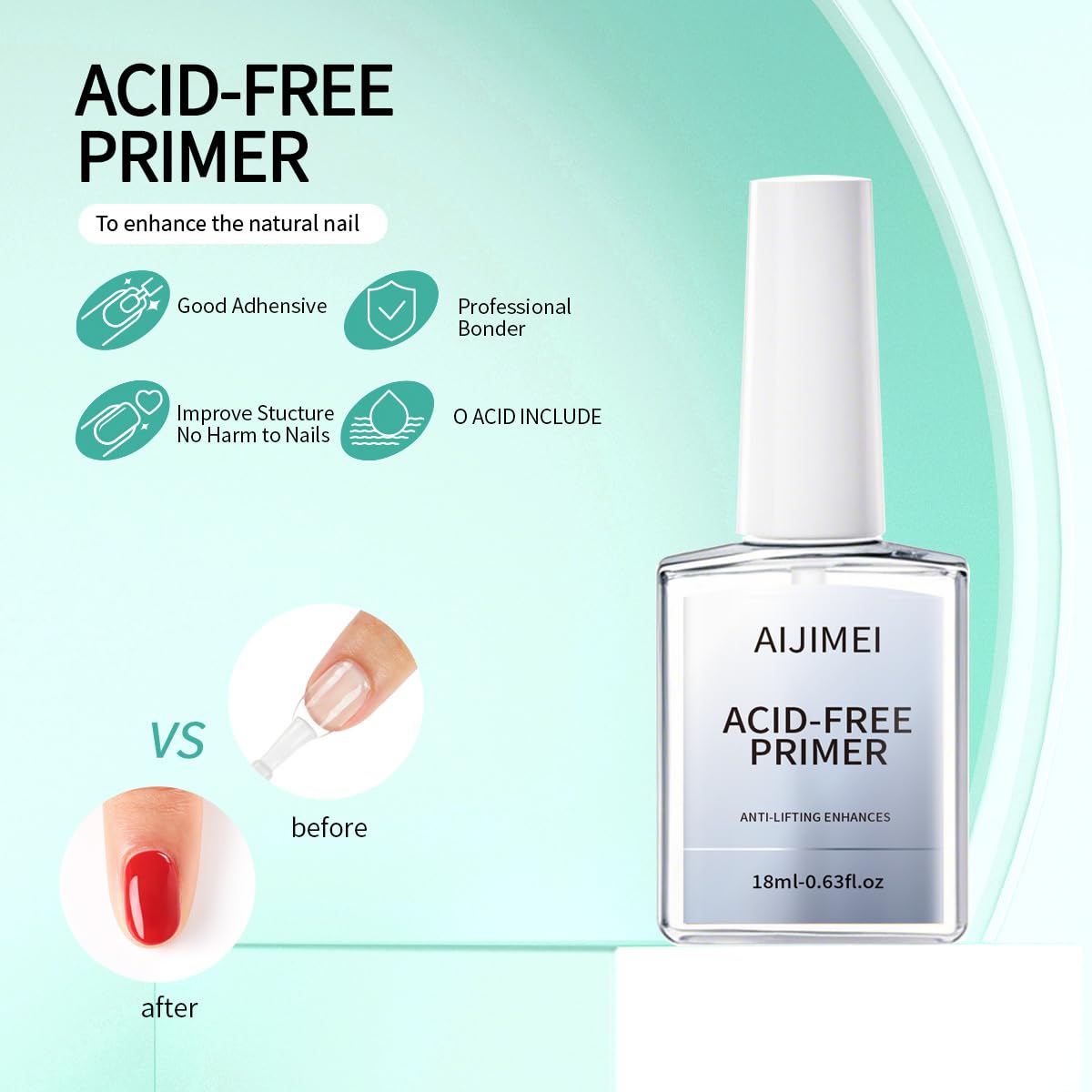 AIJIMEI Professional Natural Nail Prep Dehydration and Acid Free Primer For Acrylic False Nail Tips Bond Base Gel Nail Polish and Quick Drying Adhesive Dehydrator Set（18ml/0.63fl.oz
