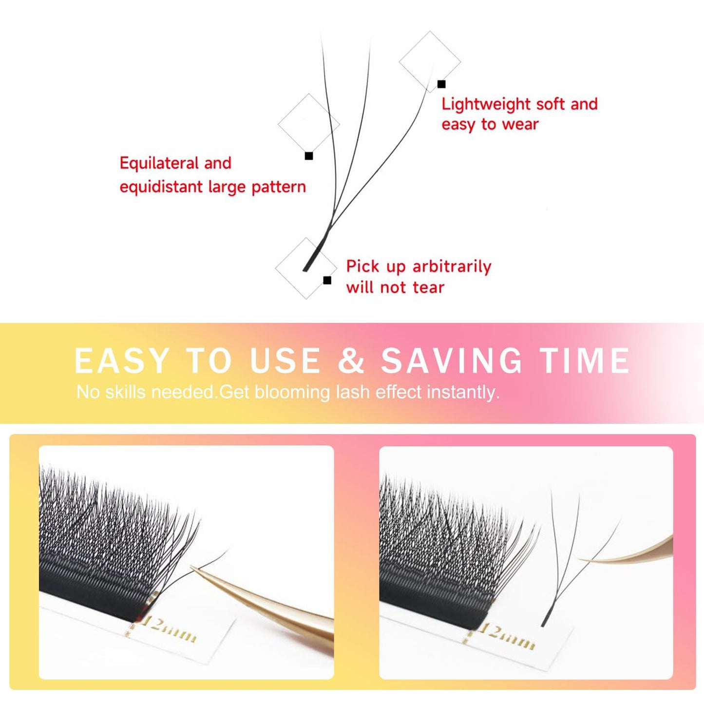 W Lash Extensions Supplies 3D Eyelash Extensions W Shape 0.07mm Thickness D Curl 15mm Premade Fans Easy Fan Lashes Volume Matte Black 12 Rows Crisscross Eye Lashes(W-3D-0.07-D,15mm)