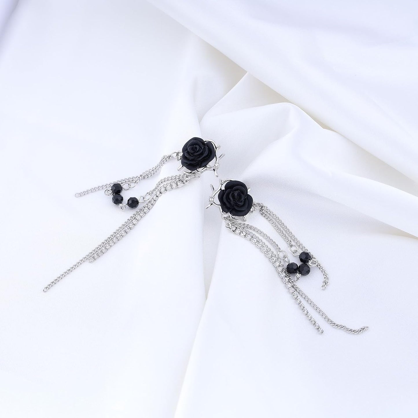 Punk Black Rose Flower Earring Long Rhinestone Chain Drop Earrings Silver Cz Tassel Chain Earrings Black Rose Flower Ear Cuff Earring Jewelry for Women