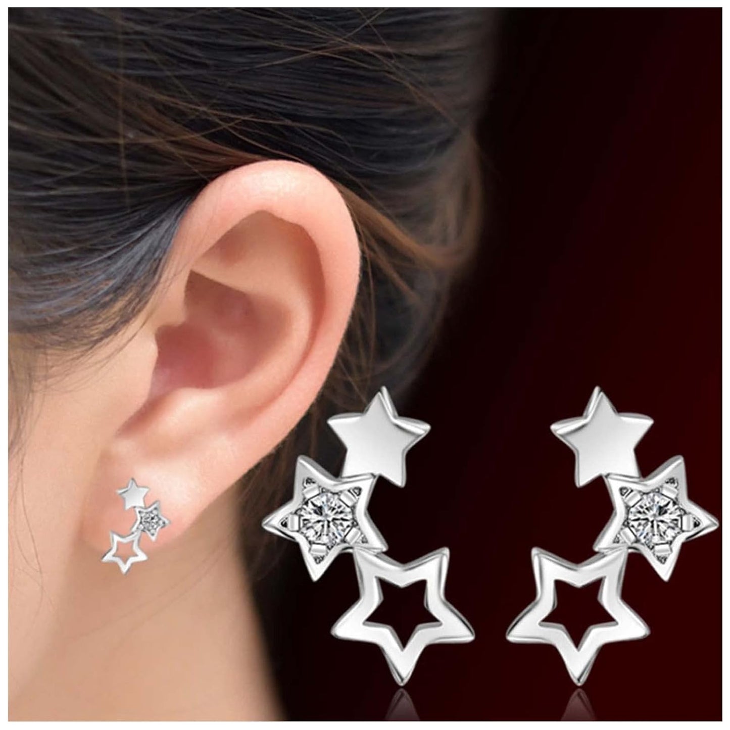 Bohemia Star Climber Crawler Earrings Silver Crystal Star Ear Climber Earrings Cluster Star Studs Earring Festival Earrings Jewelry for Women and Girls (Silver)