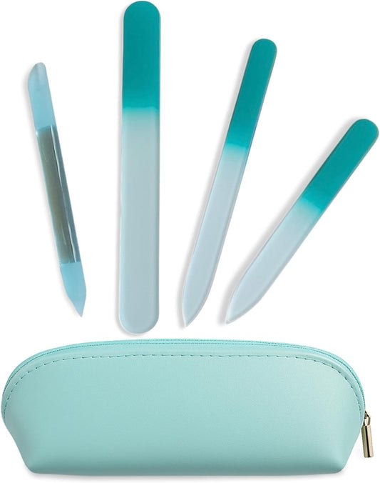 Alban Czech Glass Nail File Set with Manicure Stick & Vegan Leather Cosmetic Case (Turquoise Nail Files, Light Blue Manicure Stick & Cosmetic Case)