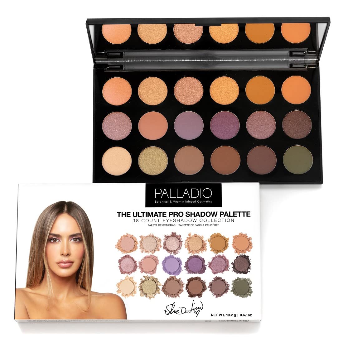 Palladio Ultimate Pro Eyeshadow Makeup Palette with Mirror, 18 High-Pigmented Powder Colors, Matte, Shimmer, Metallic, Satin Finishes, SHANNON DE LIMA