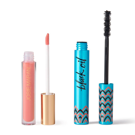 Josie Maran Eye Love Lip Gloss & Mascara Makeup Kit - Plumping Lip Gloss Infused with Argan Oil, Hyaluronic Acid and Sheer, Radiant Color + Argan Black Oil Lengthening Mascara (2 Piece Set)