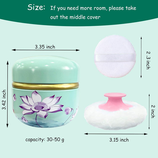 Body Powder Puff and Container for Dusting Powder, Women Powder Puff and Powder Case for Bath and Travel (Lotus Green)