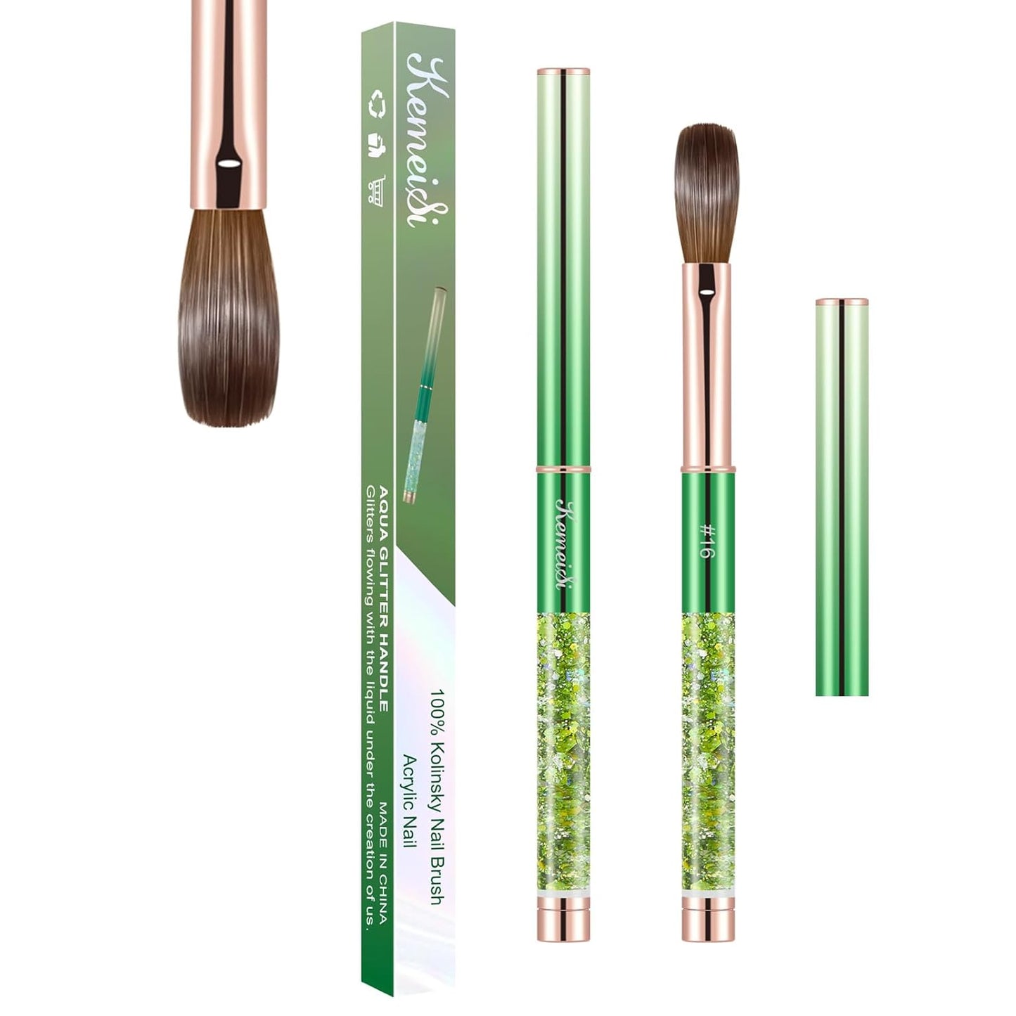Acrylic Nail Brush Size #16, KEMEISI 100% Pure Kolinsky Nail Art Brushes Sturdy Handle Oval Shaped Acrylic Powder Nail Design Tools for Professional Manicure DIY Home Salon (Green)