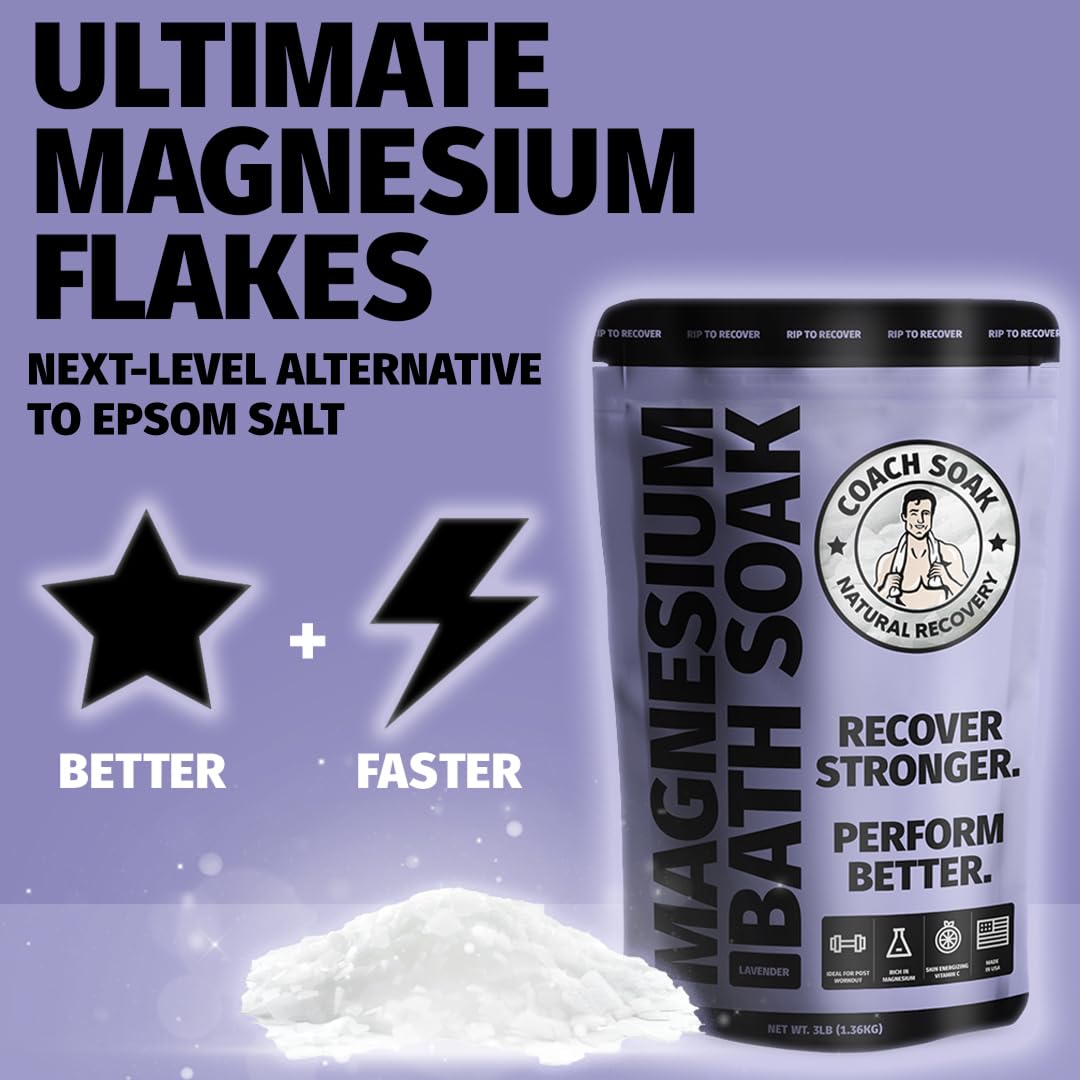 Coach Soak Recovery Bath Soak - Alternative to Epsom Salt Bath Soak - Fast-Absorbing Pure Magnesium Flakes with 21 Minerals, Bath Salts & Essential Oils - 15 lb (5 Pack) - Lavender