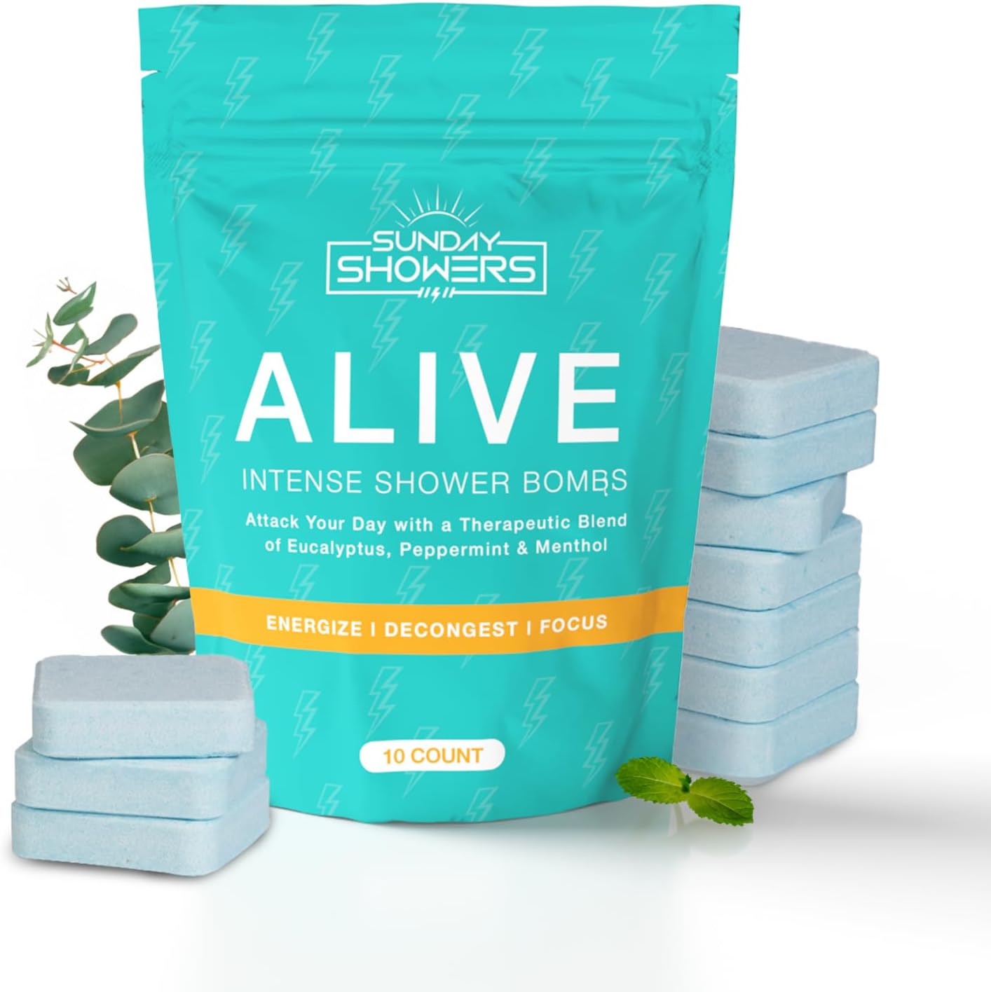 Alive Shower Bombs 10-Pack – Made in USA | Powerful Aromatherapy Steamers with Eucalyptus, Peppermint & Menthol | Energizing Scent for Morning Focus & Breathing Boost | Natural Self Care Gift